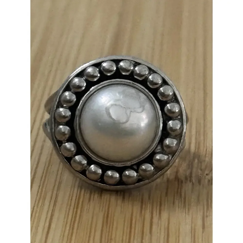 Vintage Sterling Silver Genuine Pearl Beaded Halo Statement Ring Size 7.5 10g